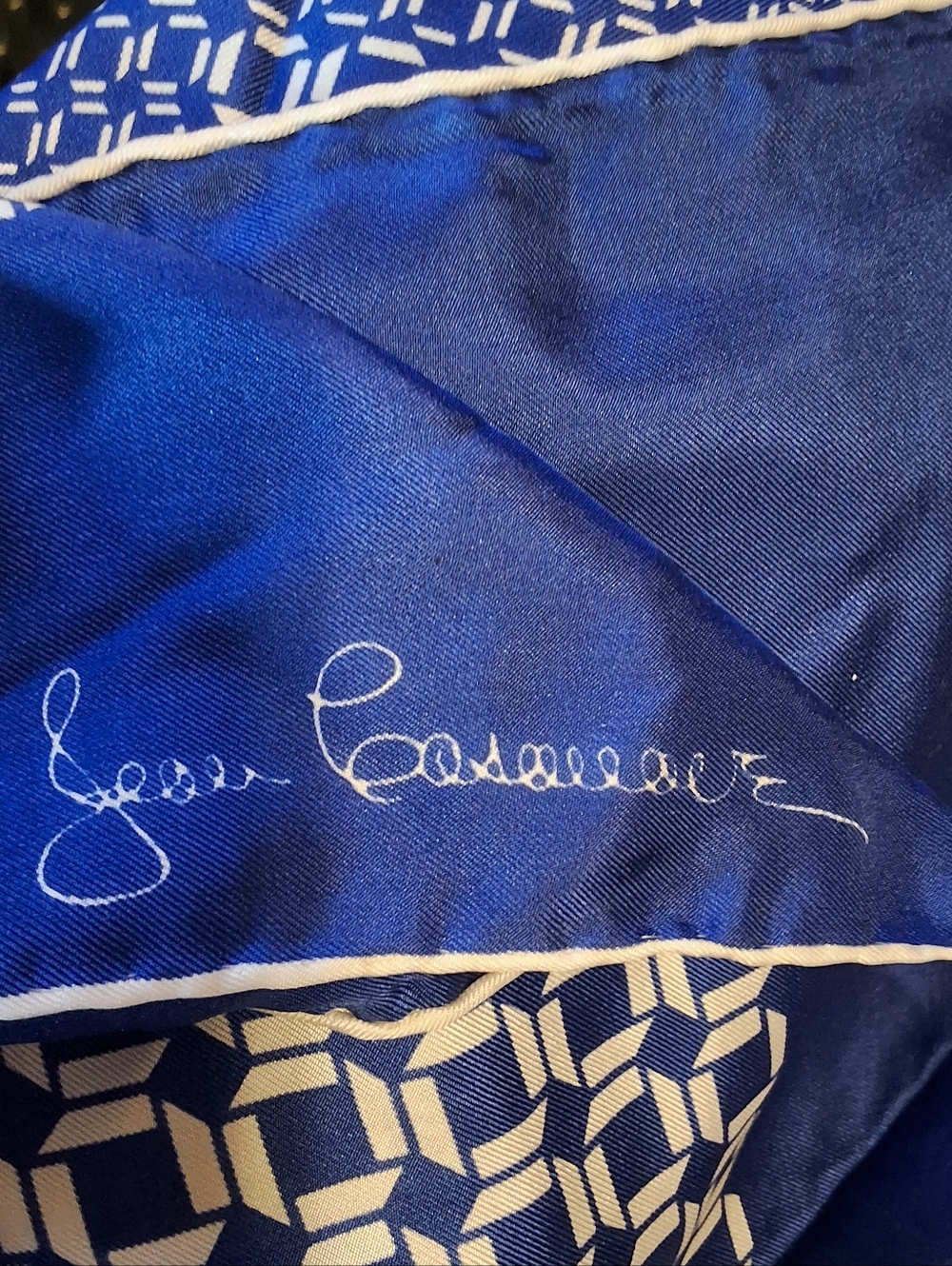 Vintage Jean Caseeere Signed Silk Scarf Blue White Geometric Mod Op Art 60s 70s - Picture 8 of 8